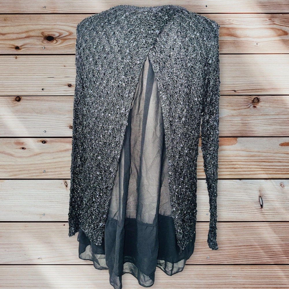 F1 John Fashion sequin sweater black sheer open back medium women's - Picture 2 of 6
